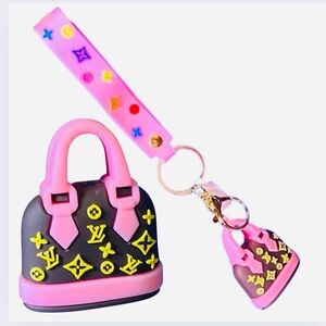 BAG CHARM/KEYCHAIN: Chocolate Brown and Pink Purse w/Wristlet, Custom. EUC